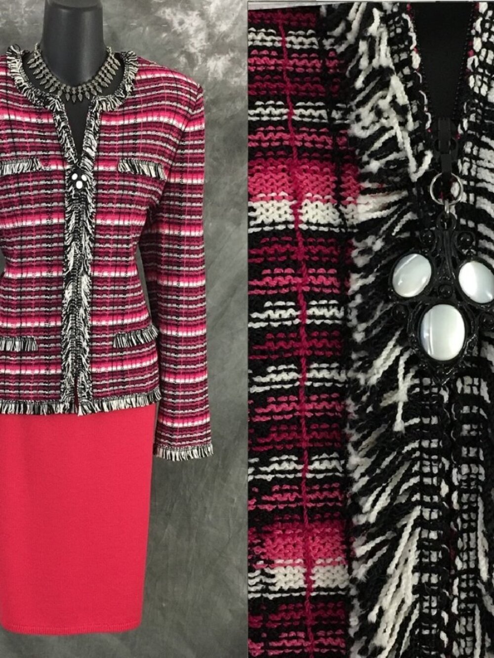 BEAUTIFUL St John collection knit Pink black multi jacket skirt suit 8 10
